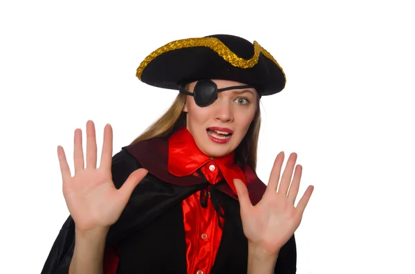 Hübsches Piratenmädchen in Karnevalskleidung isoliert auf weiß — Stockfoto