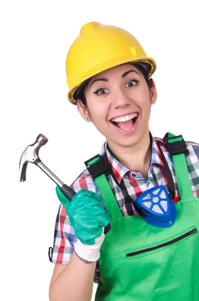 Trabajadora con martillo aislado en blanco — Foto de Stock