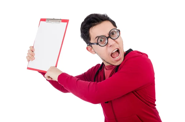 Funny coach with whistle and diary isolated on white — Stock Photo, Image