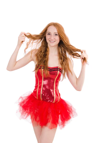 Rött hår flicka i karneval kostym isolerad på vit — Stockfoto