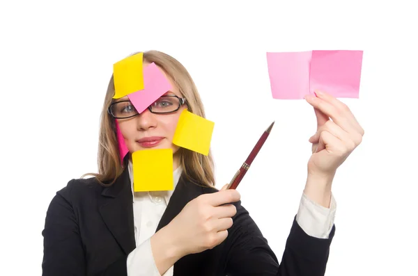 Mujer con recordatorios aislados en blanco — Foto de Stock