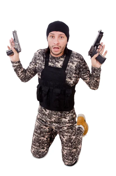 Soldado caucasiano com pistola isolada em branco — Fotografia de Stock