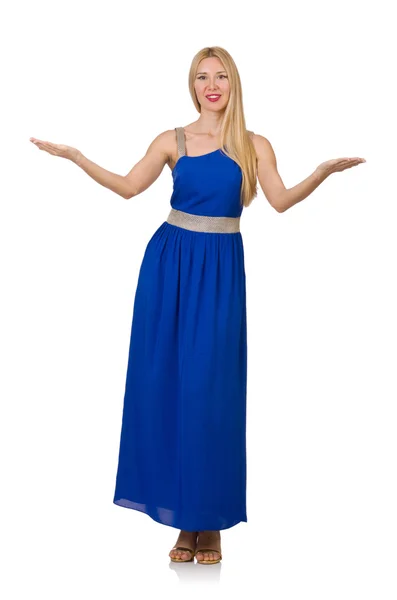 Όμορφη γυναίκα στο μακρύ μπλε φόρεμα — Φωτογραφία Αρχείου