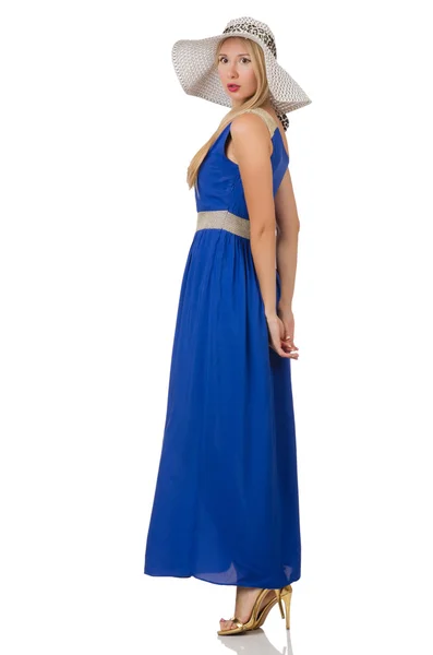 Mooie vrouw in lange blauwe jurk — Stockfoto