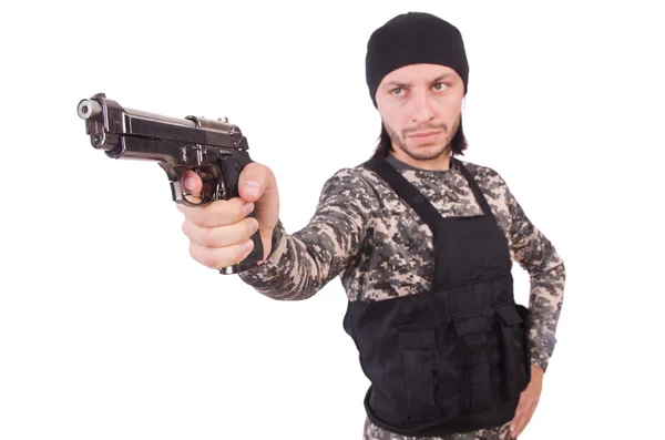 Beyaz izole tabanca ile beyaz asker — Stok fotoğraf