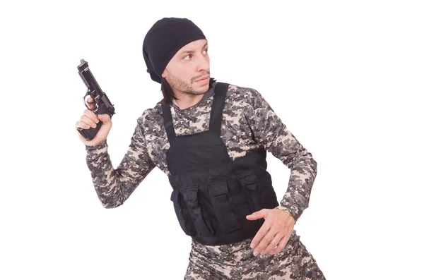 Soldat caucasien avec arme de poing isolé sur blanc — Photo