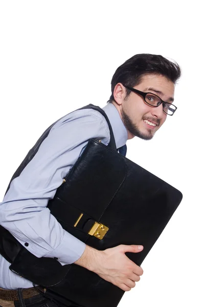 Divertido hombre de negocios con maletín aislado en blanco — Foto de Stock