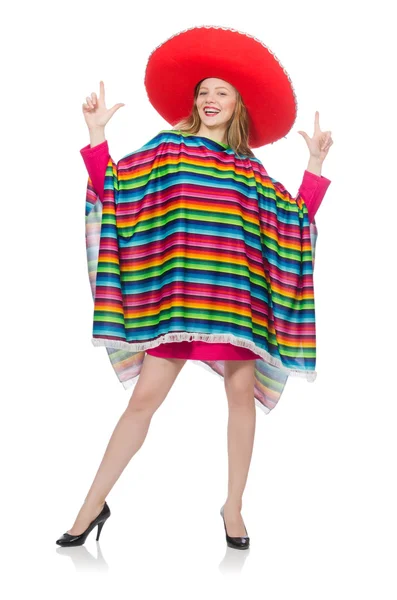 Menina bonita no poncho mexicano isolado no branco — Fotografia de Stock