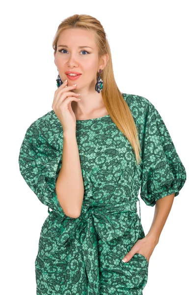 Young woman in green dress isolated on white — Stock Photo, Image