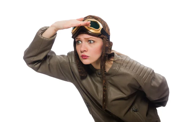 Grappige vrouw piloot geïsoleerd op wit — Stockfoto