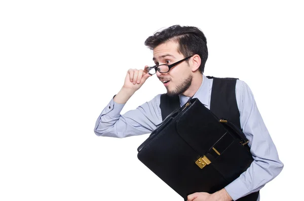 Divertido hombre de negocios con maletín aislado en blanco —  Fotos de Stock