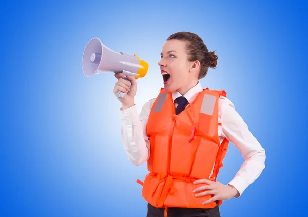Young woman with vest and loudspeaker — Stock Photo, Image