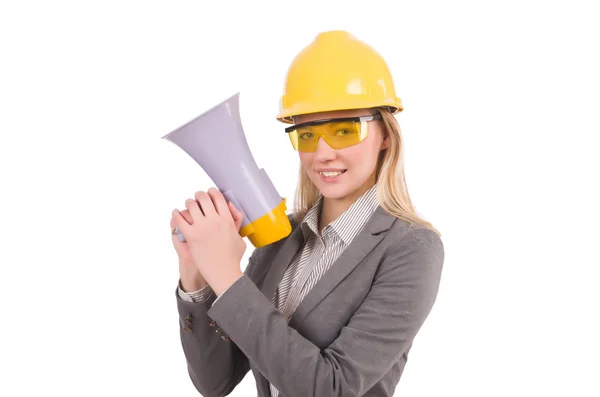 Female engineer in helmet with loudspeaker isolated on white — Stock Photo, Image