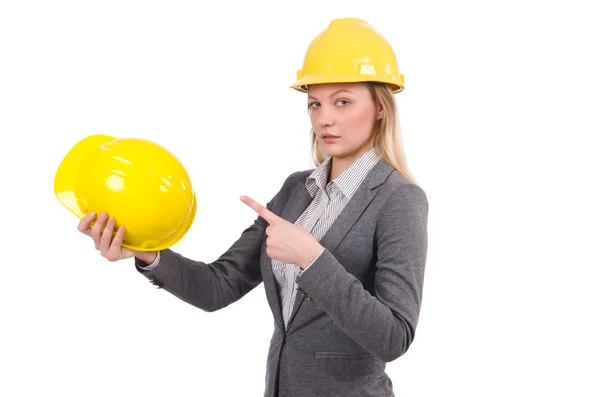 Mujer de negocios en traje gris y casco de seguridad aislado en blanco — Foto de Stock