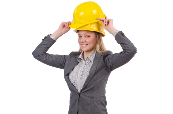 Businesswoman in gray suit and safety helmet isolated on white — Stock Photo, Image
