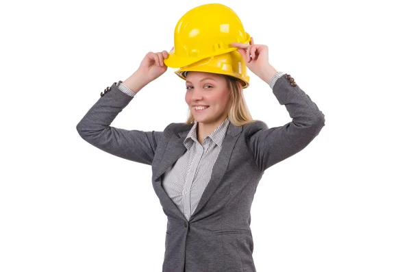 Mujer de negocios en traje gris y casco de seguridad aislado en blanco — Foto de Stock