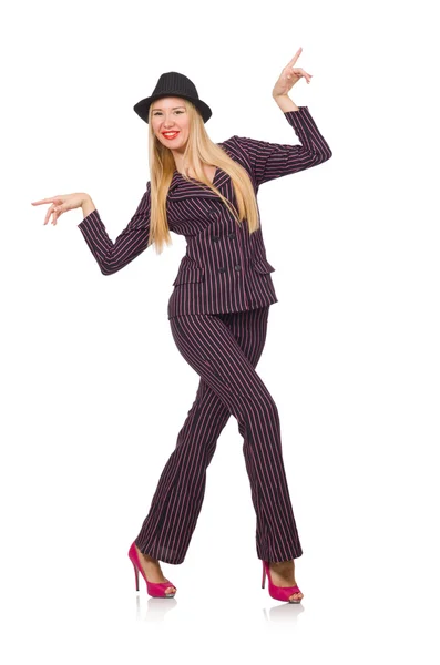 Pretty girl in purple retro suit isolated on white — Stock Photo, Image