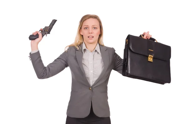 Pretty employee with handgun isolated on white — Stock Photo, Image