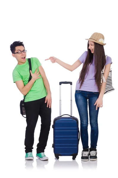 Fille et garçon avec valise isolée sur blanc — Photo