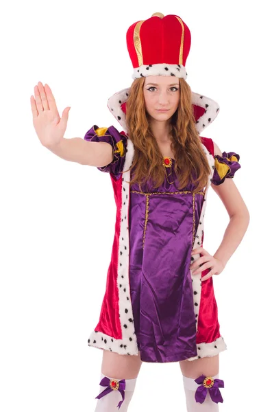 Pretty young queen in purple dress isolated on white — Stock Photo, Image