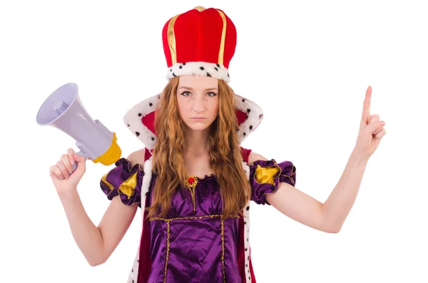 Pretty young queen with megaphone isolated on white — Stock Photo, Image