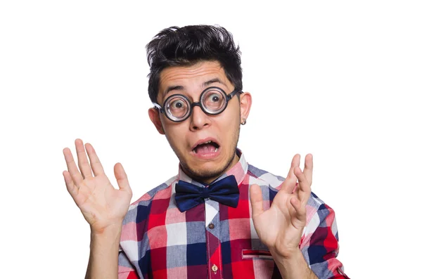 Hombre joven en camisa a cuadros aislado en blanco —  Fotos de Stock