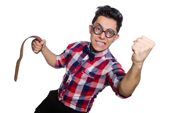 Hombre joven en camisa a cuadros aislado en blanco —  Fotos de Stock