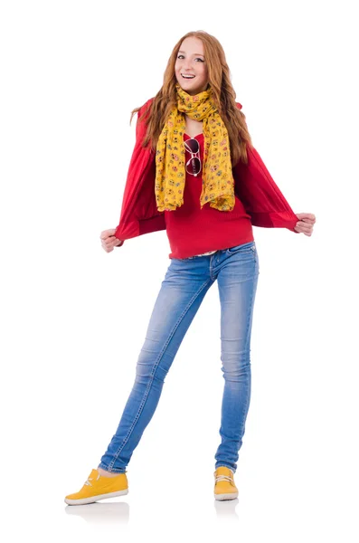 Kız kırmızı ceket ve kot pantolon — Stok fotoğraf