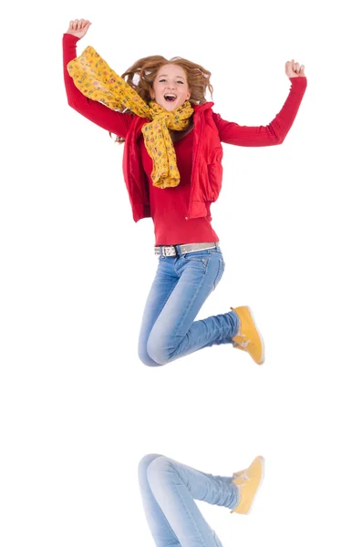かわいいです笑顔女の子で赤ジャケットとジーンズ絶縁上の白 — ストック写真