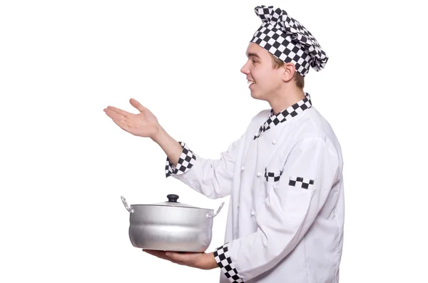 Jonge chef-kok bedrijf pan — Stockfoto