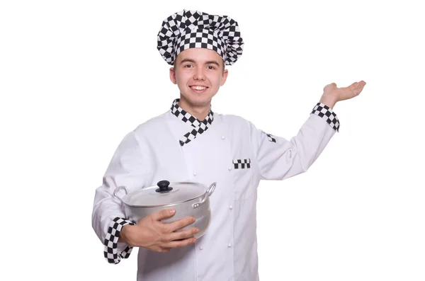 Молодий кухар тримає сковороду — стокове фото