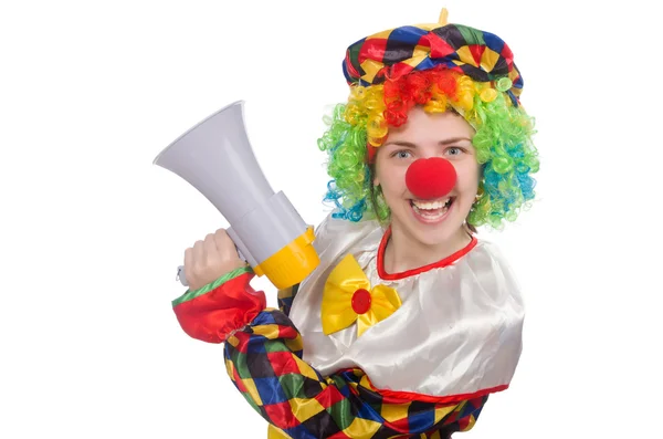 Clown avec haut-parleur isolé sur blanc — Photo