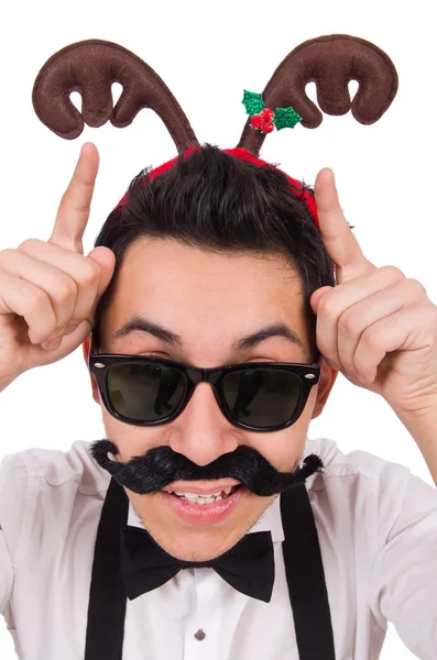 Zabawny wąsaty mężczyzna z rogami na białym tle — Zdjęcie stockowe