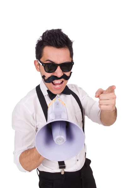 Emotional man with loudspeaker — Stock Photo, Image