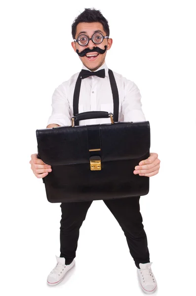 Young man with briefcase isolated on white — Stock Photo, Image