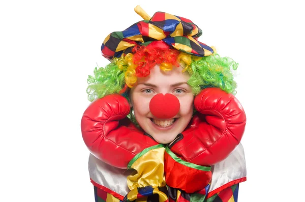 Clown avec gants de boxe isolés sur blanc — Photo