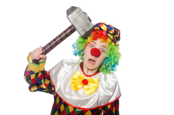 Clown with hammer isolated on white — Stock Photo, Image