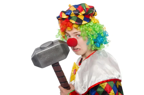 Clown with hammer isolated on white — Stock Photo, Image