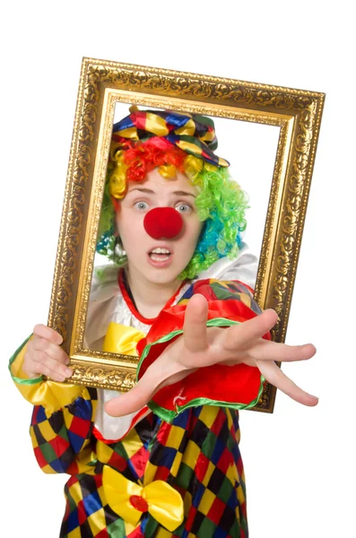 Buffo clown ragazza con telaio isolato su bianco — Foto Stock