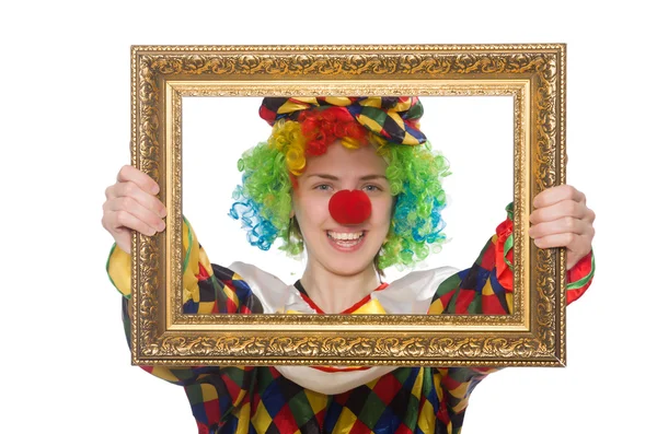 Funny clown girl with frame isolated on white — Stock Photo, Image