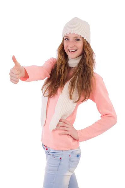 Menina sorrindo bonito usando cachecol e boné isolado no branco — Fotografia de Stock