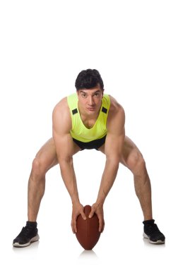 Amerikan futbolu üzerine beyaz izole çalmaya adam