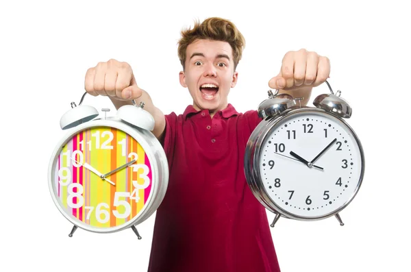 Student holding alarm clocks — Stock Photo, Image