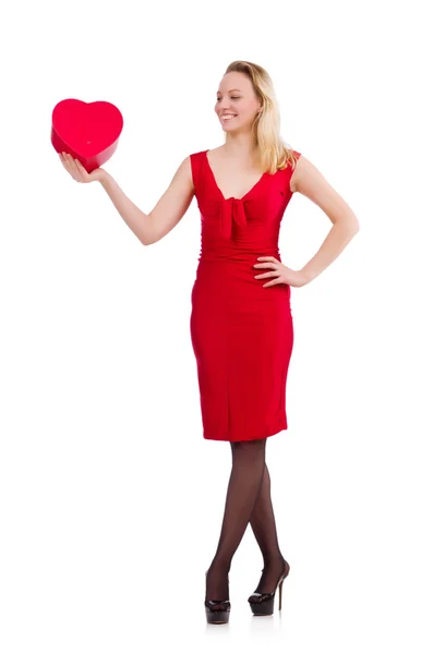 Mujer sonriente en vestido rojo aislado en blanco — Foto de Stock