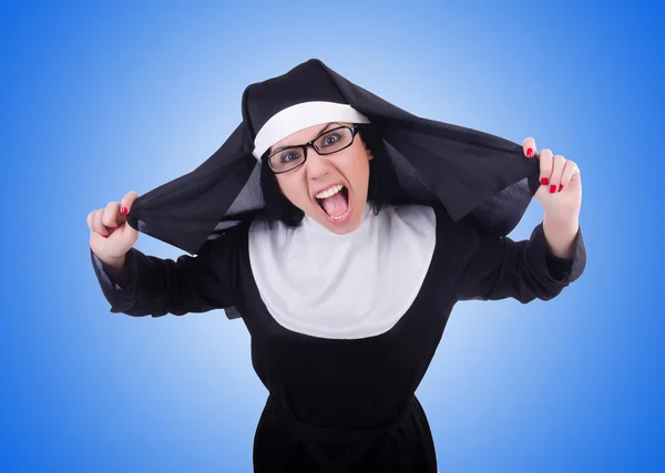 Funny nun on blue — Stock Photo, Image