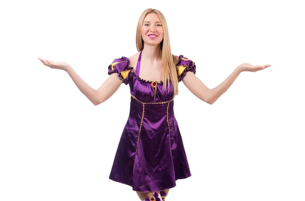 紫仮面舞踏会ドレスでかわいい女の子 — ストック写真