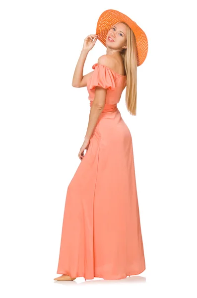 Ung kvinna i rosa romantisk klänning isolerad på vit — Stockfoto