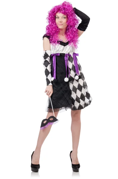 Pretty girl in jester costume isolated on white — Stock Photo, Image