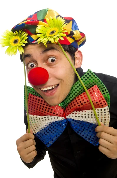 Clown mit Blume isoliert auf weiß — Stockfoto