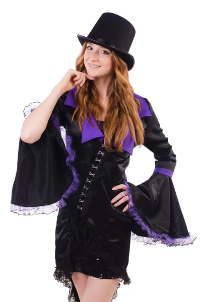 Pretty girl in purple carnival clothing and hat isolated on white — Stock Photo, Image